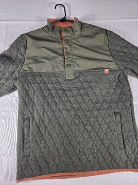 Southern Marsh Quilted Snap Pullover Jacket Olive Green Coral Trim Medium